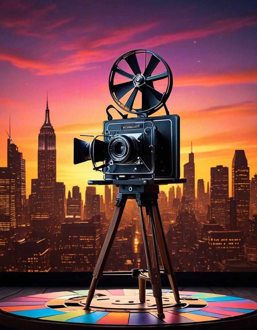 A captivating visual that represents the essence of cinematography, featuring a vintage film camera with colorful film reels spiraling around it, framed by silhouettes of iconic movie scenes. The background should transition from a twilight sky to a vibrant cityscape, symbolizing the journey of storytelling. Including elements like a director's chair and clapperboard for added depth. super-realistic. cinematic style. vibrant colors.