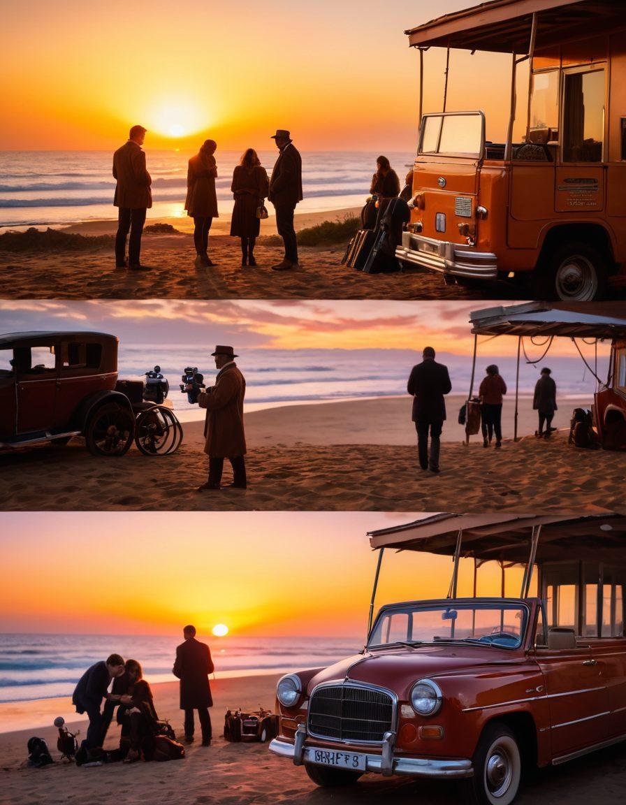 A captivating film set showcasing a vintage camera capturing a stunning sunset, illuminating the faces of a diverse group of filmmakers engaged in passionate discussion. In the foreground, a cinematographer adjusts the focus, while in the background, vibrant color palettes and film reels symbolize the artistry of storytelling. Intense emotions radiate from their expressions. cinematic style. warm colors. depth of field.