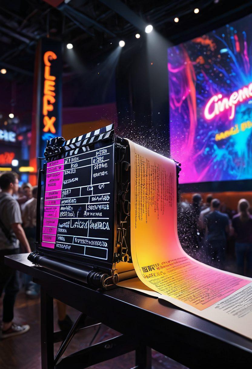 An artistic depiction of a film script transforming into a vibrant movie scene, with ink flowing from the page into a colorful world filled with actors, cameras, and crew members at work. The background should show a cineplex in bright lights, illustrating the transition from storytelling to visual media. super-realistic. vibrant colors. cinematic style.